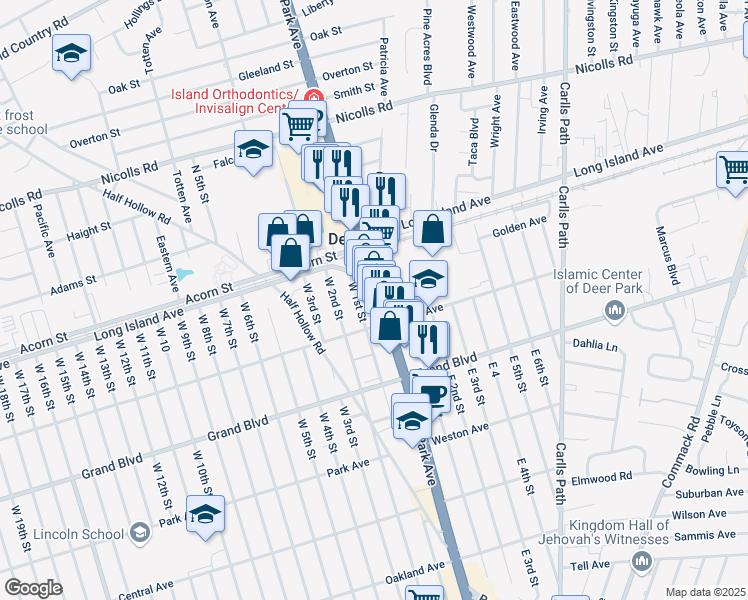 map of restaurants, bars, coffee shops, grocery stores, and more near 41 West 1st Street in Deer Park