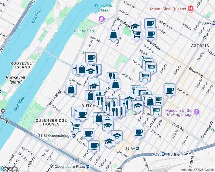 map of restaurants, bars, coffee shops, grocery stores, and more near 21-12C 36th Avenue in Queens
