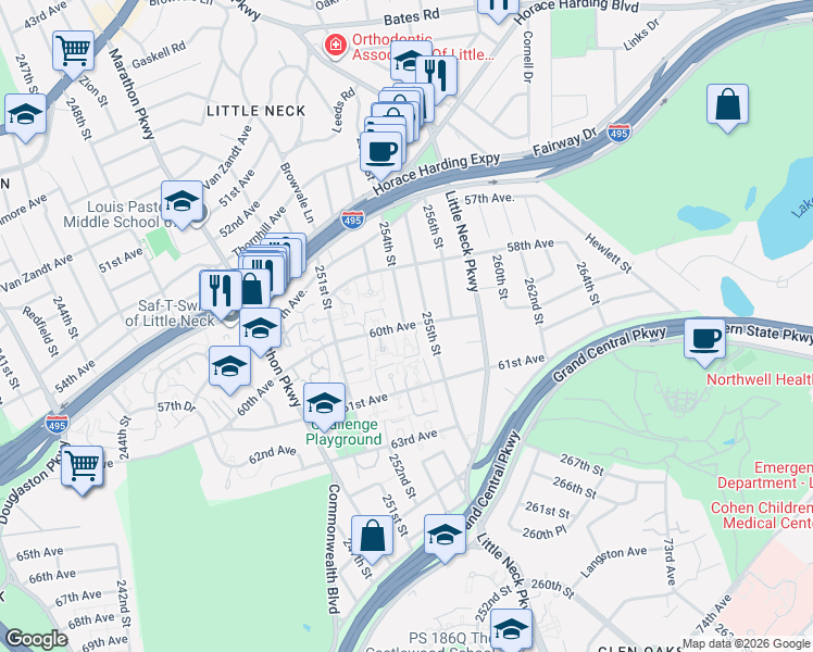 map of restaurants, bars, coffee shops, grocery stores, and more near 60-12 255th Street in Queens