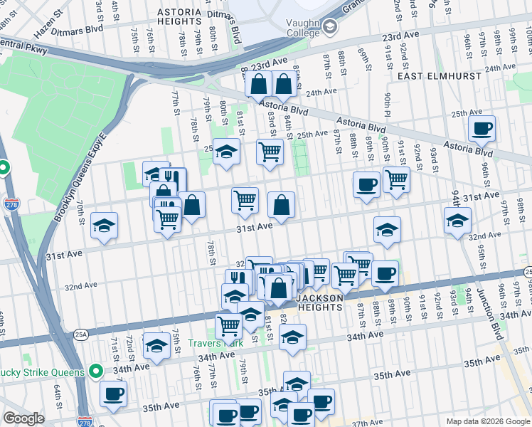 map of restaurants, bars, coffee shops, grocery stores, and more near 30-51 81st Street in Queens