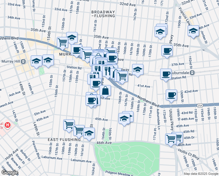 map of restaurants, bars, coffee shops, grocery stores, and more near 42-05 164th Street in Queens