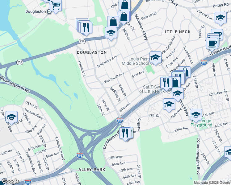 map of restaurants, bars, coffee shops, grocery stores, and more near 52-12 Redfield Street in Queens