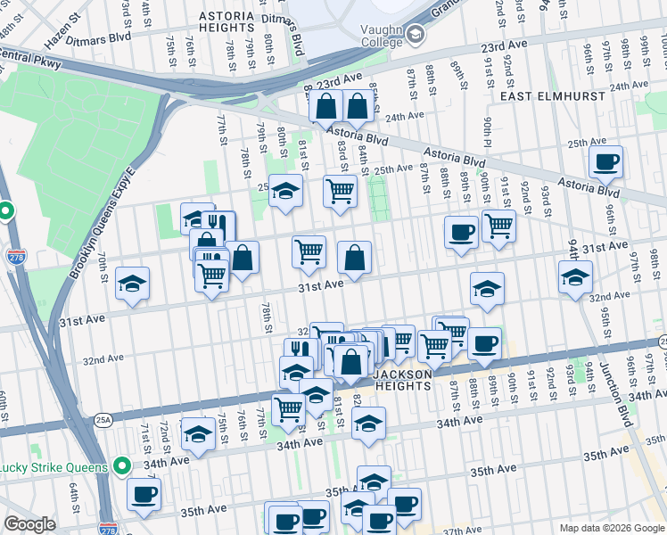 map of restaurants, bars, coffee shops, grocery stores, and more near 30-51 81st Street in Queens