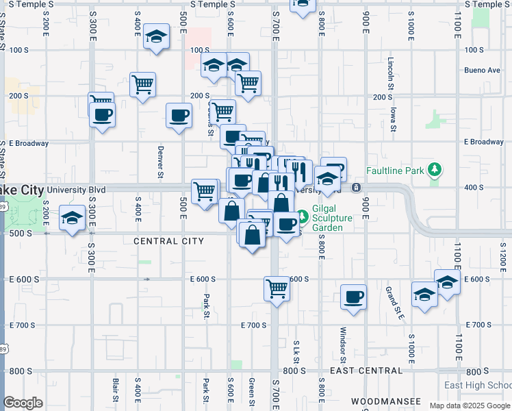 map of restaurants, bars, coffee shops, grocery stores, and more near 440 South 700 East in Salt Lake City