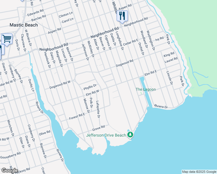 map of restaurants, bars, coffee shops, grocery stores, and more near 107 Jefferson Drive in Mastic Beach