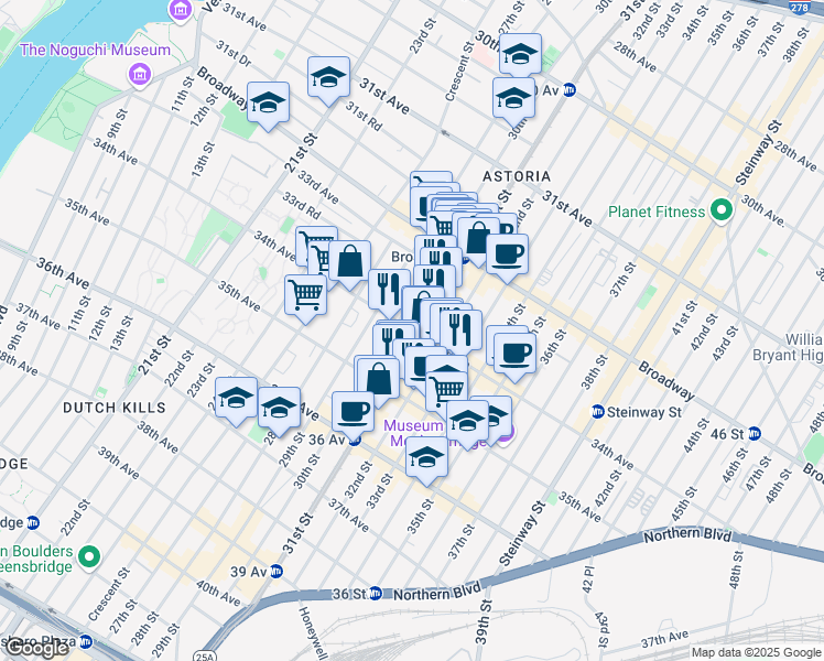 map of restaurants, bars, coffee shops, grocery stores, and more near 3408 34th Avenue in Queens
