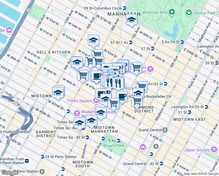 map of restaurants, bars, coffee shops, grocery stores, and more near 159w West 48th Street in New York