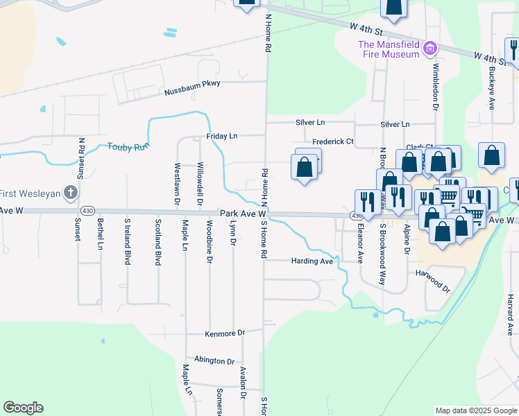 map of restaurants, bars, coffee shops, grocery stores, and more near 1592 Park Avenue West in Ontario