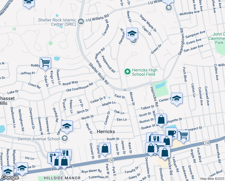 map of restaurants, bars, coffee shops, grocery stores, and more near 1027 Cedar Drive East in New Hyde Park