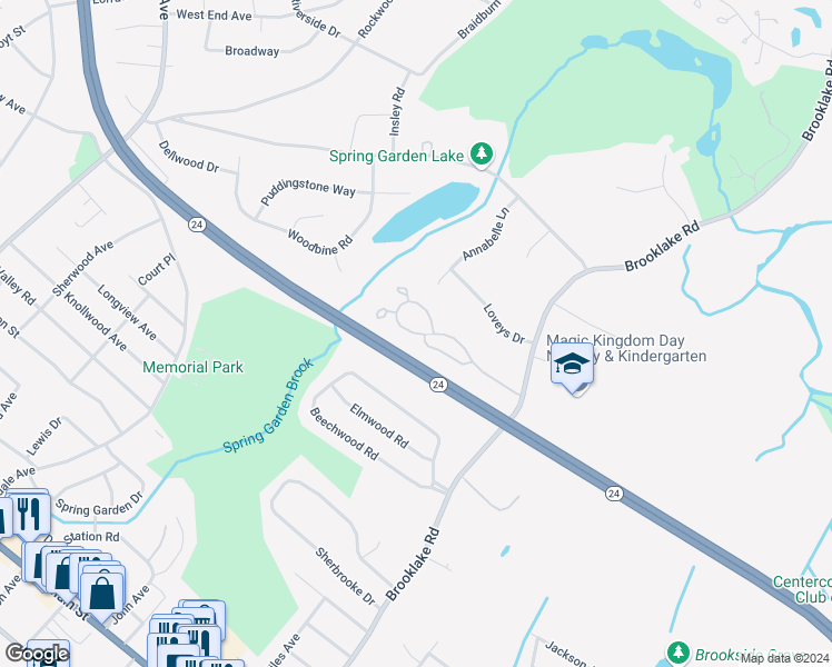 map of restaurants, bars, coffee shops, grocery stores, and more near 120 Brandywyne Drive in Florham Park