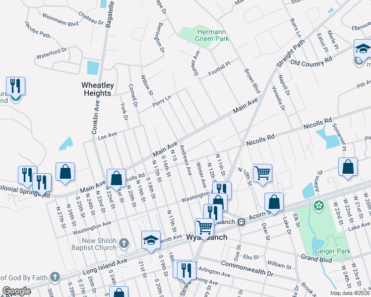 map of restaurants, bars, coffee shops, grocery stores, and more near 77 Andrews Avenue in Wyandanch