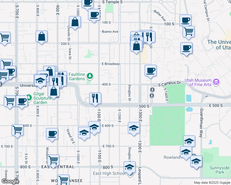 map of restaurants, bars, coffee shops, grocery stores, and more near 453 South 1100 East in Salt Lake City