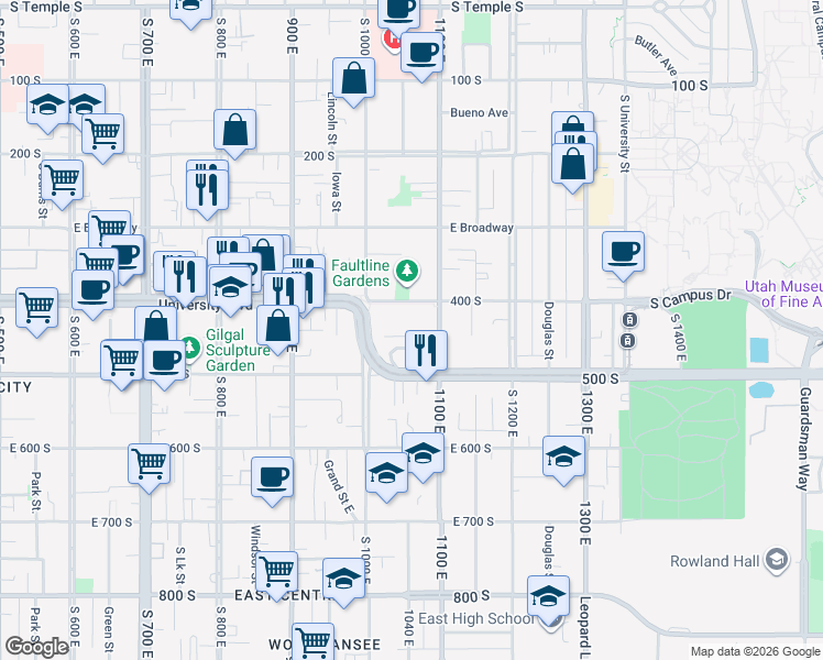 map of restaurants, bars, coffee shops, grocery stores, and more near 1043 Barbara Place East in Salt Lake City