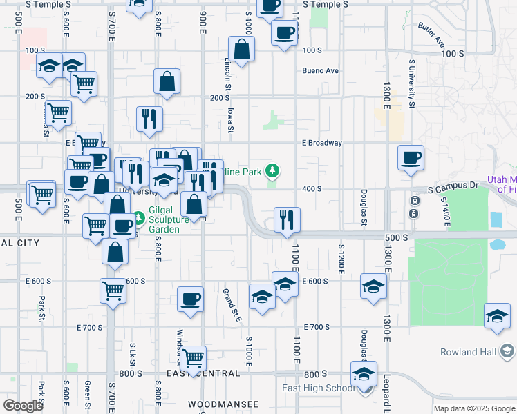 map of restaurants, bars, coffee shops, grocery stores, and more near 1027 Barbara Place East in Salt Lake City