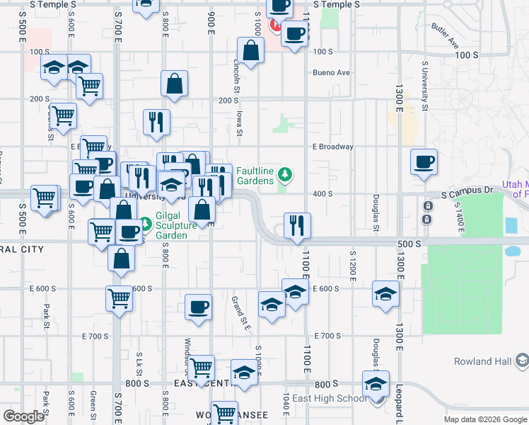 map of restaurants, bars, coffee shops, grocery stores, and more near 1027 Barbara Place East in Salt Lake City