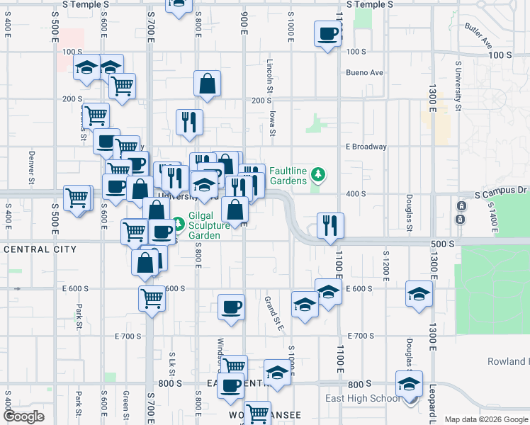 map of restaurants, bars, coffee shops, grocery stores, and more near 450 Fletcher Court in Salt Lake City