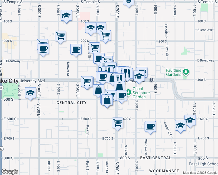 map of restaurants, bars, coffee shops, grocery stores, and more near 440 South 700 East in Salt Lake City
