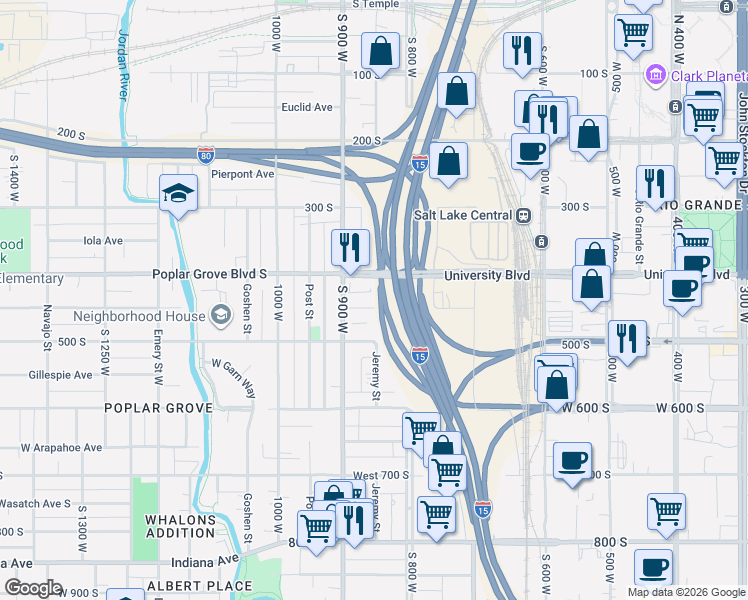 map of restaurants, bars, coffee shops, grocery stores, and more near 843-845 Pacific Avenue South in Salt Lake City