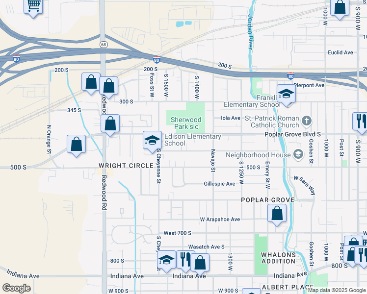 map of restaurants, bars, coffee shops, grocery stores, and more near 1403 Pacific Avenue South in Salt Lake City
