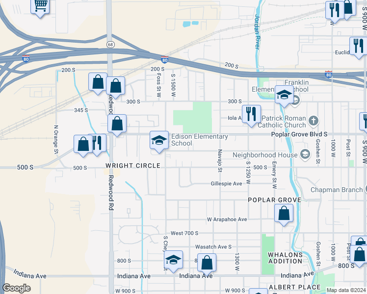 map of restaurants, bars, coffee shops, grocery stores, and more near 1457 Pacific Avenue South in Salt Lake City