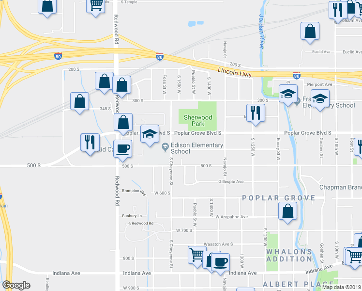 map of restaurants, bars, coffee shops, grocery stores, and more near 1457 Pacific Avenue South in Salt Lake City