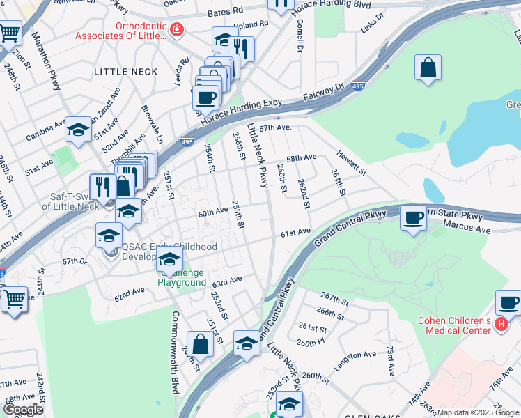map of restaurants, bars, coffee shops, grocery stores, and more near 60-24 Little Neck Parkway in Queens