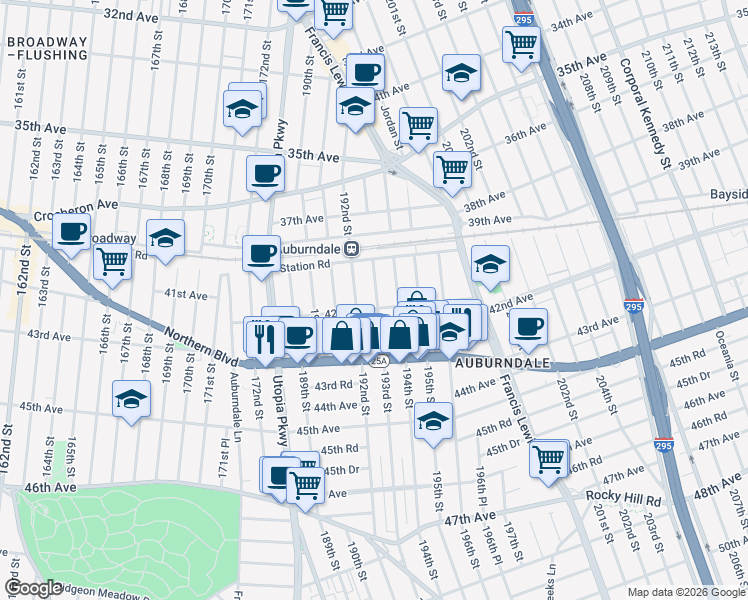 map of restaurants, bars, coffee shops, grocery stores, and more near 19207 42nd Avenue in Queens