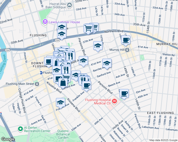 map of restaurants, bars, coffee shops, grocery stores, and more near in Queens