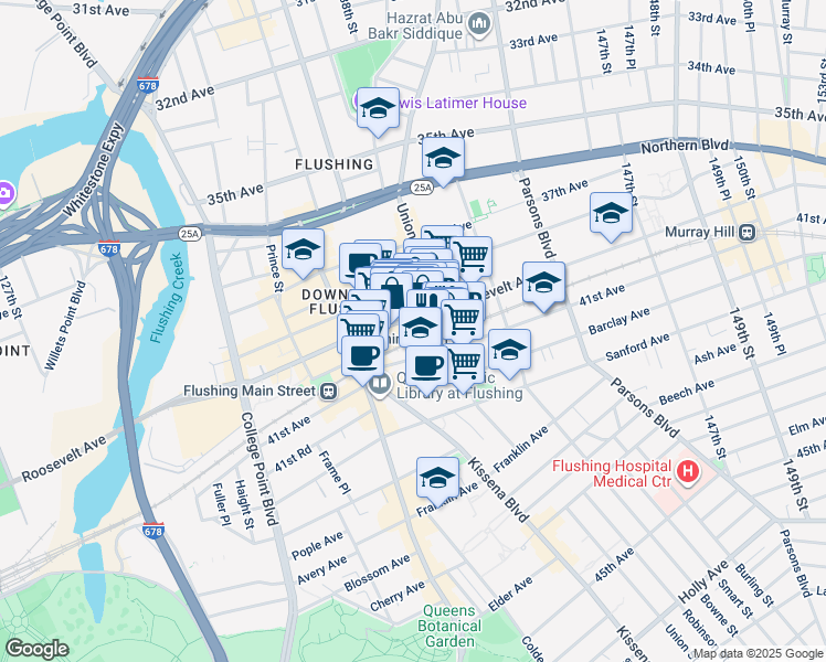 map of restaurants, bars, coffee shops, grocery stores, and more near 136-71 41st Avenue in Queens