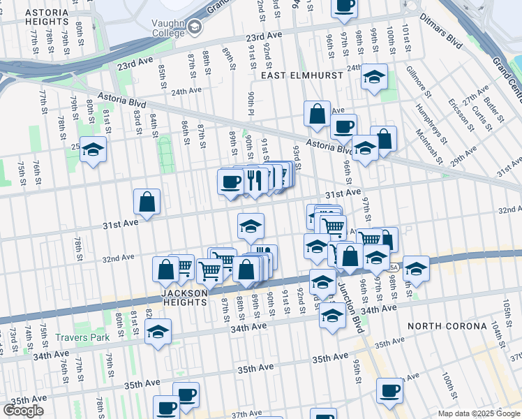 map of restaurants, bars, coffee shops, grocery stores, and more near 31-20 91st Street in Queens