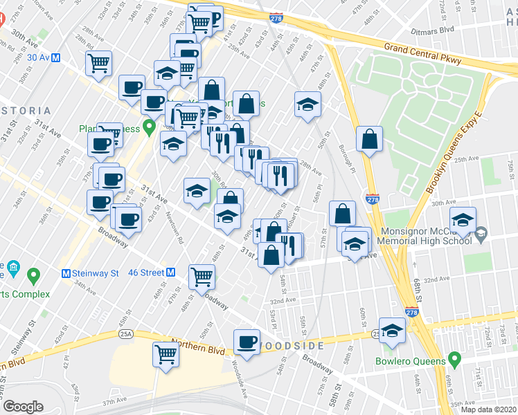 map of restaurants, bars, coffee shops, grocery stores, and more near 30-30 50th Street in Queens