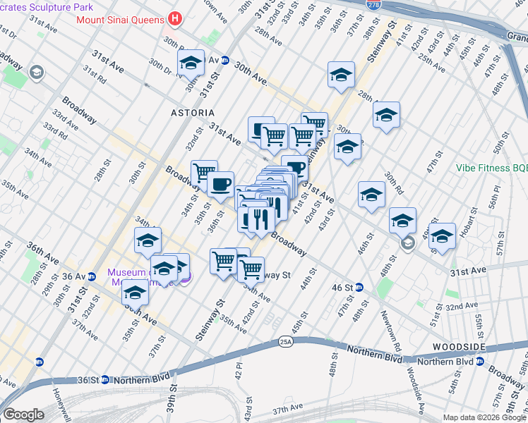 map of restaurants, bars, coffee shops, grocery stores, and more near 31-91 Steinway Street in Queens
