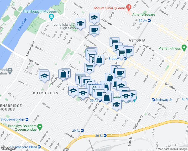 map of restaurants, bars, coffee shops, grocery stores, and more near 3449 28th Street in Queens