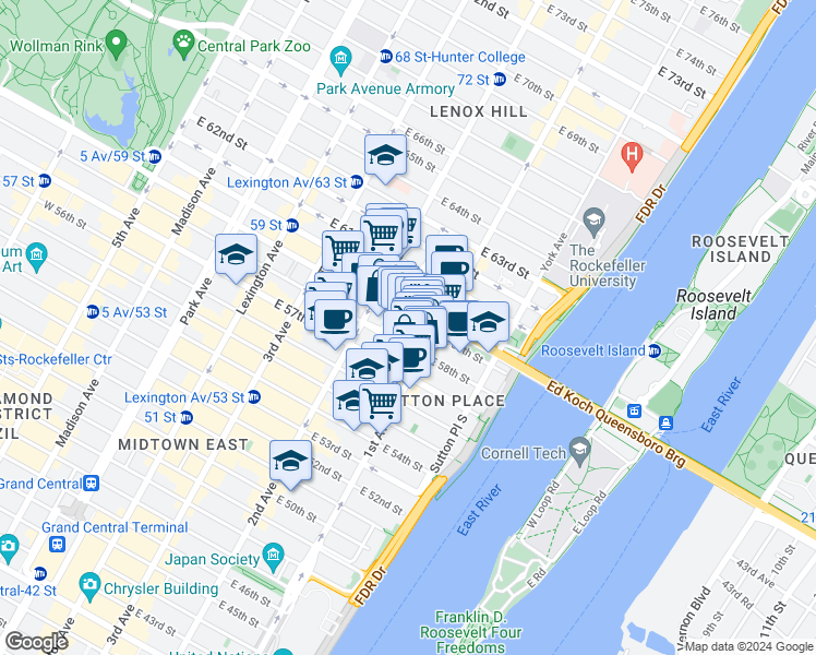 map of restaurants, bars, coffee shops, grocery stores, and more near 331 East 58th Street in New York