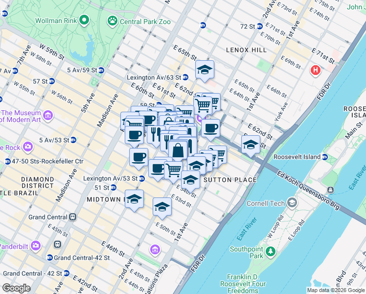 map of restaurants, bars, coffee shops, grocery stores, and more near 1065 2nd Avenue in New York