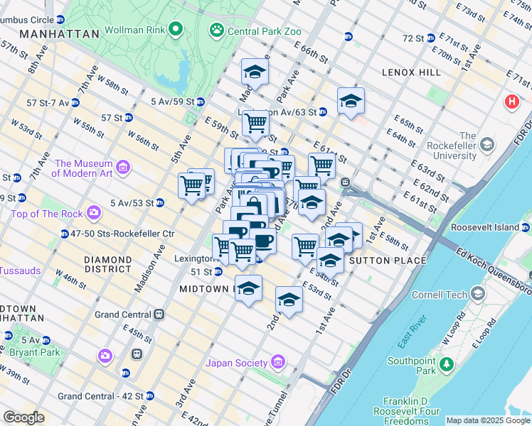 map of restaurants, bars, coffee shops, grocery stores, and more near 676 Lexington Avenue in New York