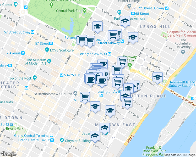 map of restaurants, bars, coffee shops, grocery stores, and more near 676 Lexington Avenue in New York