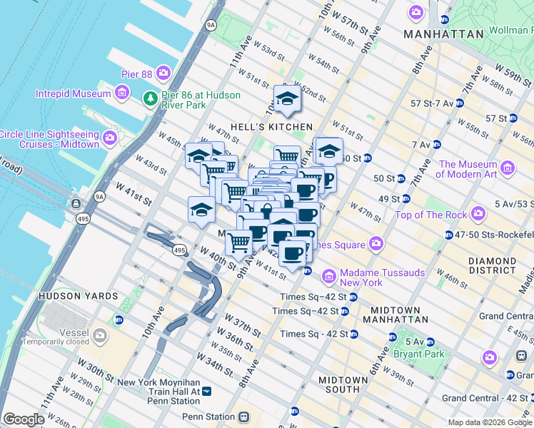 map of restaurants, bars, coffee shops, grocery stores, and more near in New York