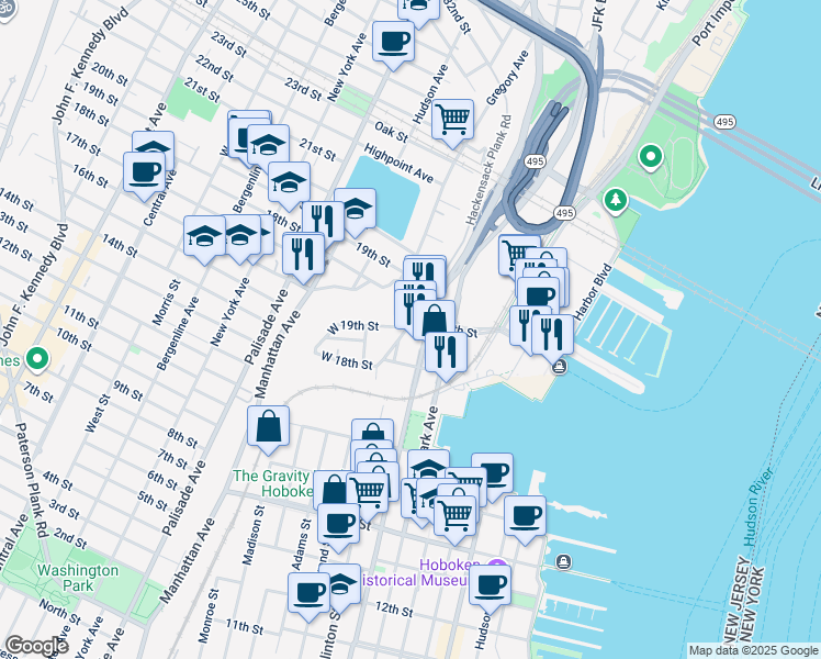 map of restaurants, bars, coffee shops, grocery stores, and more near 1822 Willow Avenue in Weehawken