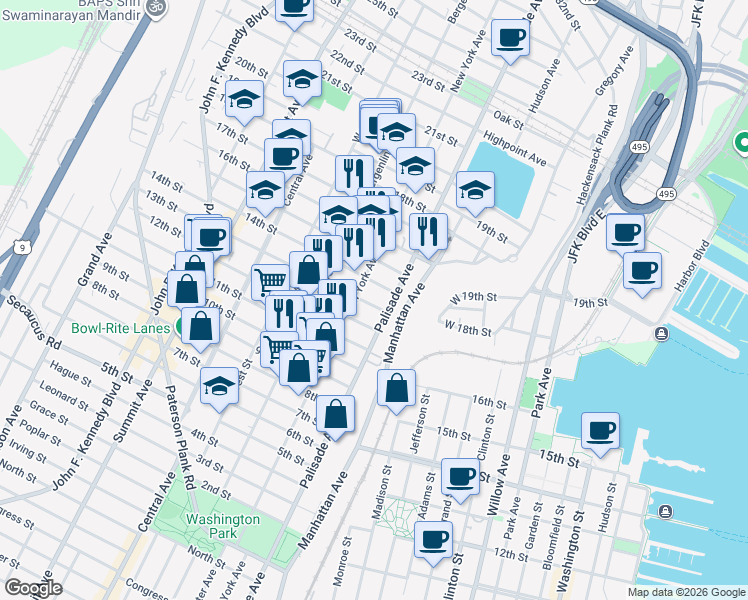 map of restaurants, bars, coffee shops, grocery stores, and more near 319 13th Street in Union City