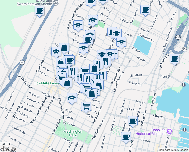 map of restaurants, bars, coffee shops, grocery stores, and more near 513 12th Street in Union City