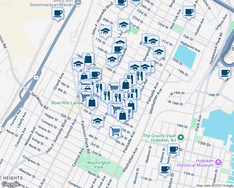 map of restaurants, bars, coffee shops, grocery stores, and more near 513 12th Street in Union City