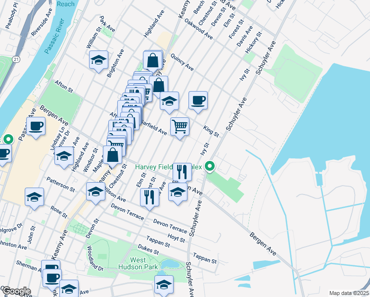 map of restaurants, bars, coffee shops, grocery stores, and more near 188 Davis Avenue in Kearny