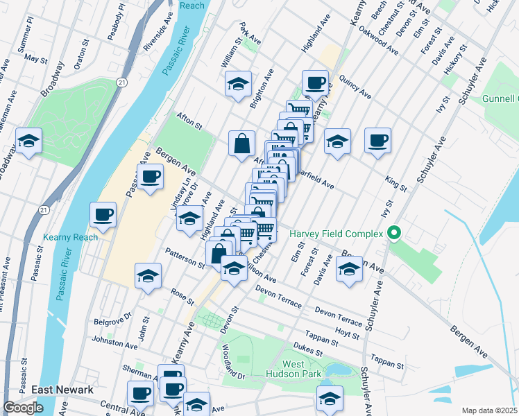 map of restaurants, bars, coffee shops, grocery stores, and more near 218 Maple Street in Kearny