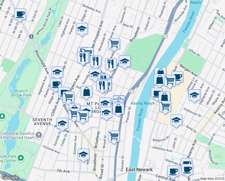 map of restaurants, bars, coffee shops, grocery stores, and more near 78 Broad Street in Newark