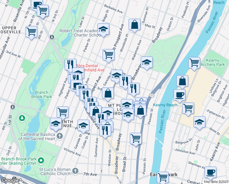 map of restaurants, bars, coffee shops, grocery stores, and more near 91 3rd Avenue in Newark