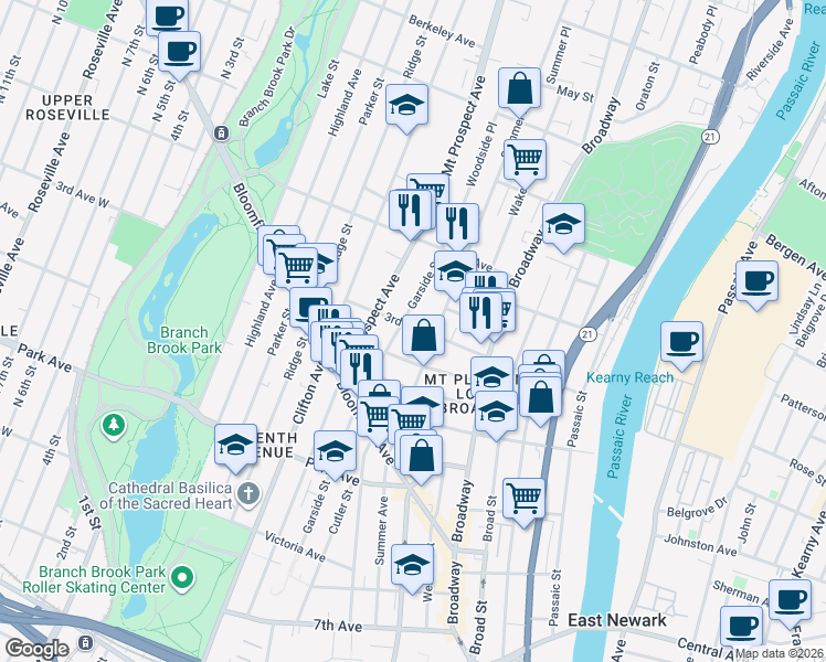 map of restaurants, bars, coffee shops, grocery stores, and more near 118 3rd Avenue in Newark