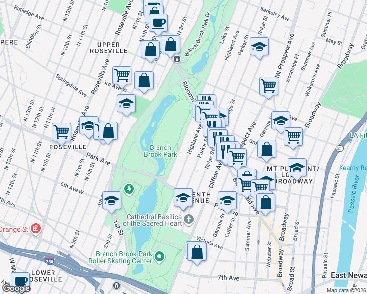 map of restaurants, bars, coffee shops, grocery stores, and more near 257 Lake Street in Newark