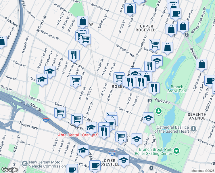 map of restaurants, bars, coffee shops, grocery stores, and more near 135 North 11th Street in Newark