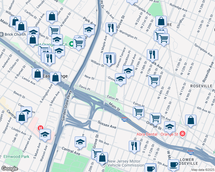 map of restaurants, bars, coffee shops, grocery stores, and more near 80 North Grove Street in East Orange
